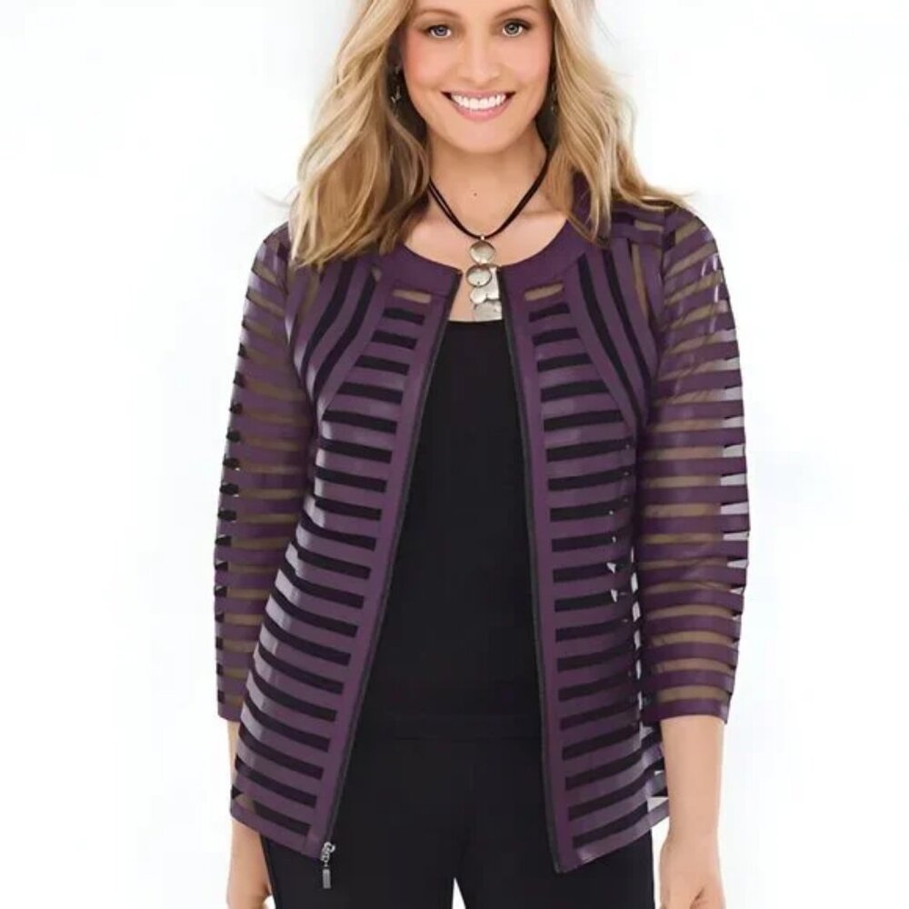 Chicos Travelers Purple Leather Black Mesh Structured Dress Blazer Jacket L